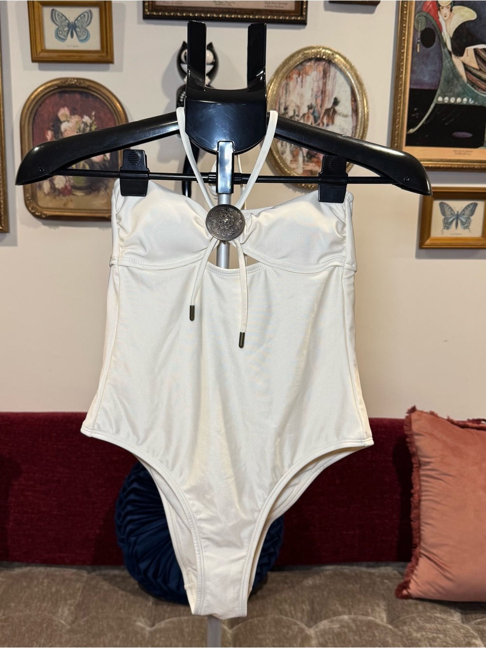 NWOT Ivory Y2K One-Piece Swimsuit with Decorative Medallion